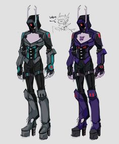 two different views of the same robot suit, one in black and purple with red accents