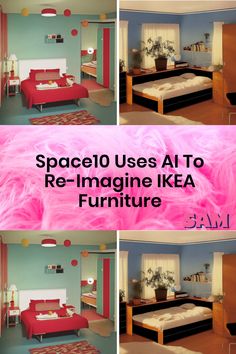 four different pictures of a bedroom with pink and blue walls, including the bed in the middle