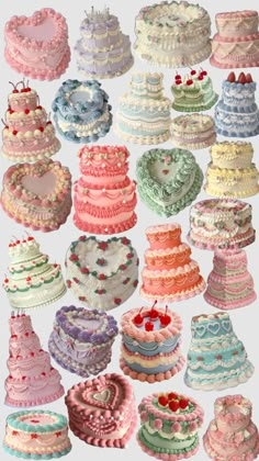 many different types of cakes are arranged together