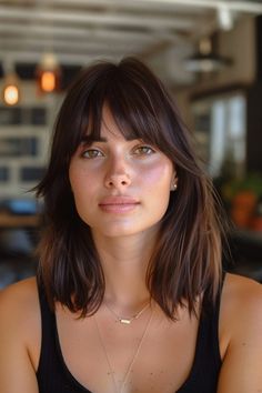 Shoulder Bangs Haircut, Bangs With Specs, Romantic Shoulder Length Hair, Collar Bone Hair Length With Curtain Bangs, Style Collarbone Length Hair, Bang Length Face Shapes, Hair For Woman In 40's, Shoulder Length Hair French, Mid Length Hair With Layers And Bangs Straight