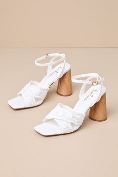 Easily elevate all your favorite warm weather looks with the Lulus Chaya White Woven Ankle Strap High Heel Sandals! These summery heels have a woven construction that shapes a trendy square footbed and crisscrossing toe straps adorned with floral-inspired embroidery. Matching straps sprout from the sides to wrap and secure around the ankle with a dainty gold buckle. A sculpted, wood-look block heel lends a unique finish to this chic design! 3. 75" sculpted wood-look heel. Cushioned insole. Rubbe Graduation Fits, Hoco Shoes, Resort Wear Beach, Floral Sandals, Ankle Strap High Heels, Sandal Heels, Blue Peach, Wedding Heels, Heel Sandal