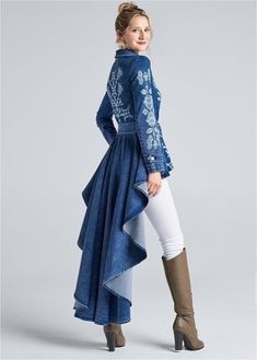 Denim Trench Coat, Denim On Denim, Denim And Lace, Fantasy Fashion, Mode Inspiration, Indigo Blue, Upcycle Clothes, Costume Design, Look Fashion