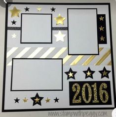 a scrapbook page with gold stars and white paper on it, which has the year 2016