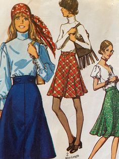 The bias skirt has back zipper. View 1 is regular length. View 2 is midi length. View 3 with wide waistband has buttons trimmed flaps. Views 1 and 2 with narrower waistband has optional purchased chain and button closing trim. The pattern is complete and cut with instructions. The envelope has some discoloration and wear at the edges. Retro Fitted Skirt With Buttons, Retro Fall Skirt With Buttons, 70s Fashion Skirt, Dress 70s Style, Chloe Outfit, 1970s Skirt, 1980s Fashion Women, 70s Skirt, Bias Skirt