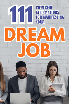 three people sitting in front of a white brick wall with the words dream job on it