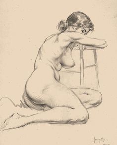 a nude woman sitting on the floor next to a chair with her arm over her head