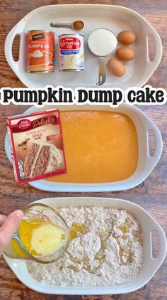 there are two trays with different types of food on them and the words pumpkin dump cake