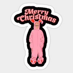 a sticker that says merry christmas with an image of a person in a pink costume