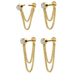 three pairs of gold tone earrings with chains