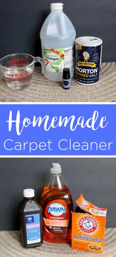 homemade carpet cleaner and cleaning supplies sitting on top of a rug