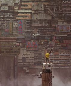 a man standing on top of a tall building in the middle of a foggy city