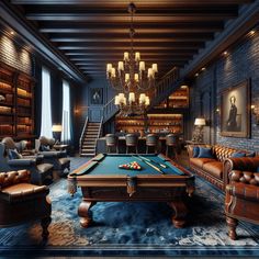 Immerse yourself in a plush gentleman's haven, complete with a grand mahogany pool table, vintage books, a luxe bar, and cozy leather seating. An antique chandelier illuminates the navy brick walls, while a hi-tech theater system entertains.
#LuxuryLifestyle #ManCave #HomeDesign #InteriorDesign #HomeTheater #VintageDecor Floor Pattern Design, Whiskey Lounge, Custom Sliding Doors, Underground Bar, Pool Table Room, Whiskey Room