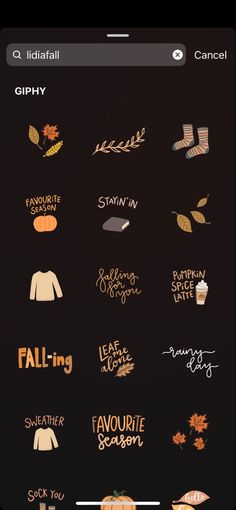 an iphone screen with the words fall and autumn written in different font styles on it