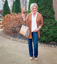 Over 40 Fashion Blogger, Tania Stephens is wearing sweaters you'll never want to take off 45 Fun Sweaters, Over 40 Fashion, 50 Is Not Old, Style At A Certain Age, Leather Shopper Bag, Dark Wash Bootcut Jeans, 40 Fashion, Over 60 Fashion, Cable Knit Turtleneck Sweater