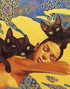 a painting of a woman with four cats on her head and one cat sitting on her shoulder