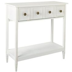 a white console table with three drawers and one drawer on the bottom, in front of a white background