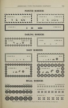 an old book with black and white designs on the pages, including borders, lines, and dots