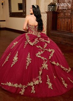 Gold Quince Dress, Red And Gold Quince, Burgundy Quinceanera Dresses, Quinceanera Dresses Red, Red Quince, Cape Sleeve Dress, Quinceanera Dresses Gold, Mary's Bridal, Quince Dresses Red