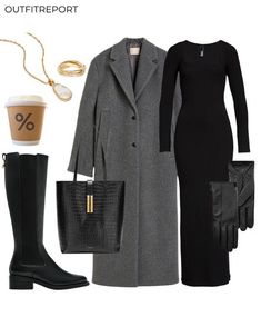 Black And Grey Outfits For Women, Coats Outfits Women, Black Coat Outfits For Women, Black Coats For Women, Black Dress And Coat, Grey Dress Outfit, Capsule Wardrobe Women, Stylish Work Attire, Future Outfit