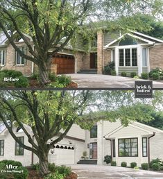 before and after photos of a house with trees in front