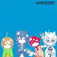 three anime characters are standing together in front of a blue background with the words weezer on it