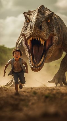 a young boy is running next to a dinosaur that has it's mouth open