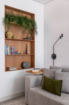 a living room with a couch, book shelf and potted plants on the wall