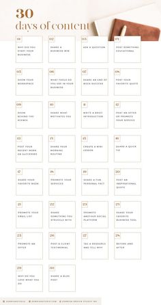 the 30 days of content calendar is shown in gold and white, with an open notepad