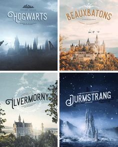 four different movie posters with the title's and titles in each one, all showing an image of hogwarts castle