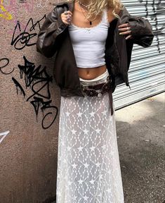 Lace Tank Top Outfit Layered, Lace Tank Tops Outfit, Brown Leather Skirt Outfit, Long Lace Skirt, White Skirt Outfits, Leather Skirt Outfit, Leather Jacket Dress, Ruffle Maxi Skirt, Skirt Outfits Fall