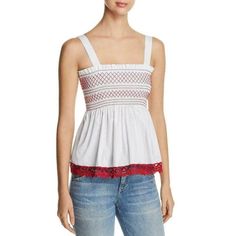 T. Tahari Smocked Poplin Top Crochet Trim Sz Xl Msrp $88 Bust Approx. 22 In From Side To Sides Bodice Top To Hem Approx. 26 In. Smocked Bodice, Ruffle Trim, Lace Hem 60% Cotton, 37% Polyester, 3% Elastane Adjustable Removable Straps White Tops With Smocked Back For Daywear, Red Smock Top For Summer, Chic White Top With Smocked Back, White Cotton Blouse With Smocked Bodice, Spring Smocked White Top, White Smocked Bodice Top For Daywear, Red Cotton Tops With Smocked Bodice, Red Cotton Top With Smocked Back, Red Cotton Smock Top