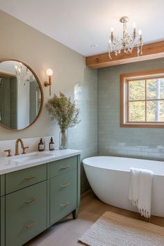 a bath room with a tub a sink and a large mirror on the wall in front of a window