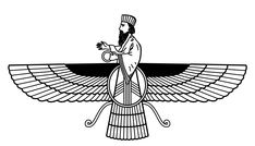 an egyptian winged bird with a man standing on it's wings and holding a staff