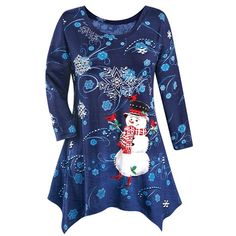 Snowman Sparkling Holiday Sharkbite Hem Top | Collections Etc. Womens Christmas Tops, Xmas Snowman, L Hand, Xmas Tees, Collections Etc, Christmas Tops, Women Christmas, Plus Size Clothing For Women, Snowflake Pattern