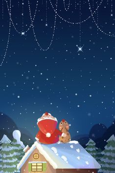 an animated christmas scene with santa claus on top of a house and snow falling from the sky