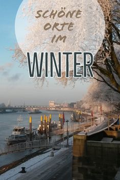 there is a poster with the words winter in front of water and snow covered trees