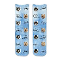 Custom printed blue wash background printed on cotton crew socks with our own photo faces in all over design with meow text bubble. Crazy Cat Lady Gifts, Cat Dad Gifts, Cat Lady Gift, Cat Socks, Cat S