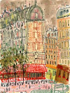 a drawing of a cityscape with buildings and trees in the foreground, watercolor on paper