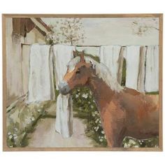 Dimensions: 10.5" H x 12.31" W x 0.63" D Material: MDF Shape: Rectangle Color: Brown, Cream, Green & White Orientation: Horizontal Includes: 1 Sawtooth Hanger Age Grade: 14+ Quantity: 1 Giddyup and give any room some farmhouse flair by displaying this Horse & Clothesline Wood Wall Decor. This piece features a palomino horse hanging white sheets along a clothesline. It is hard doing laundry with hooves, but even horses need to do their chores. It is rendered in a painterly style with distinct bru Horse Wall Decor Living Room, Girls Bedroom Horse Theme, Horse Wall Mural Ideas, Horse Room, White Horse Canvas Wall Art, Wall Decor Hobby Lobby, Painterly Style, Horses Wall Decor, Farmhouse Flair