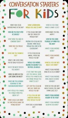 a poster with the words conversation starter for kids on it and polka dots around it