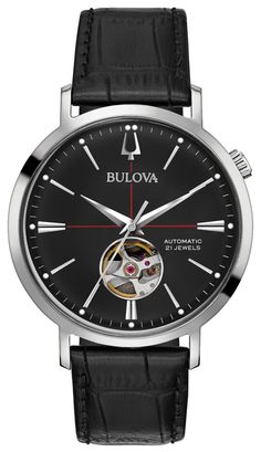 Bulova 96A201 Watch. Movement: Automatic Features:  3 Hand, Automatic, Hack Feature. Case size: 41 mm. Band material: Leather. Water resistance: 30 m (3 ATM) Brand Bulova Model Number 96A201 Item Shape Round Dial Window Material Double Curved Mineral Box Crystal Clasp E-133 Dress Strap Buckle Case Diameter 41 mm Band Material Leather Band Color Black Dial Color Black Calendar  3 Hand, Automatic, Hack Feature Movement Automatic Water Resistant Depth 30 m (3 ATM) This is a brand-new, fully functional Bulova watch. It comes complete with tags, paperwork and a valid manufacturer's warranty through the proof of sale. It comes inside a black Bulova box. Black Leather Watch, Watch Winder, Leather Strap Watch, Hand Watch, Classic Watches, Stainless Steel Band, Watch Collection, Minerals Crystals, Automatic Watch