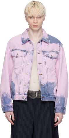 Garment-dyed non-stretch denim jacket. Bleached effect throughout. · Spread collar · Button closure · Flap and welt pockets · Adjustable single-button barrel cuffs · Adjustable button tabs at back hem · Logo-engraved silver-tone hardware Supplier color: Pink Acid Wash Cotton Button-up Outerwear, Faded Washed Button-up Outerwear, Faded Button-up Denim Jacket, Acid Wash Denim Outerwear With Button Closure, Faded Button-up Denim Jacket For Spring, Spring Faded Button-up Denim Jacket, Acid Wash Outerwear With Button Closure For Fall, Fall Acid Wash Outerwear With Button Closure, Pink Button-up Denim Jacket