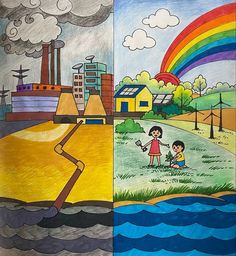 three different colored drawings with buildings and people in the background, one has a rainbow