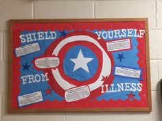 a bulletin board with captain america's shield and other things to do on it