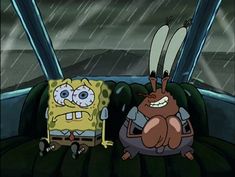 spongebob and patrick in the back seat of a car with rain coming down