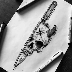 a pencil drawing of a knife and skull