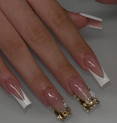 #nailinspo#gold#nails#frenchtips White French Tip With Gold Gems, White And Gold Nails Medium, Gold Nails Acrylic Medium, Gold French Tip Nail Designs, Gold N White Nails, Gold Nail Inspo Square, Gold Nails With Initial, Original French Tip Nails, Gold Bling French Tip Nails