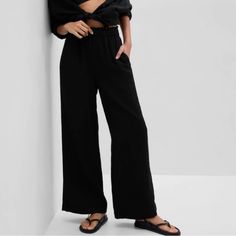 Gap Womens Pull On Wide Leg Gauzy Crinkle Lightweight Black Pants Sz Small New Size Small Elastic Waist With Sash Tye Waist (Flat Lay & Unstretched) Is 15.5" Inseam Is 30.5" Width Of Pants At Hem Is 16.5" (Flat Lay) Gap Wide Leg Linen Pants, Chic Gap Bottoms With Relaxed Fit, Gap Chic Bottoms With Relaxed Fit, Gap Linen Pants For Spring, Gap Linen Spring Pants, Spring Gap Linen Pants, Casual Linen Pants By Gap, Gap Wide-leg Spring Pants, Gap Relaxed Fit Wide-leg Pants