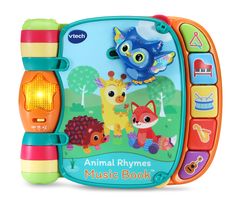 an animal rhymes music book with animals on the front, and colorful lights in the back