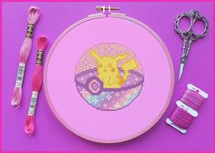 a cross - stitch pattern with scissors and thread on a purple background next to it